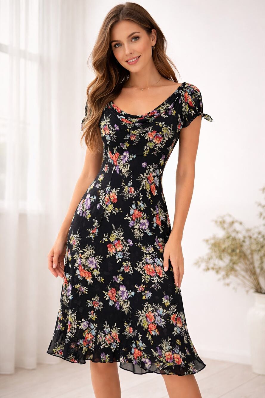 VINTAGE Y2K JONES NEW YORK Dark Floral Tie Cap Sleeve Chiffon Midi Dress Size 4